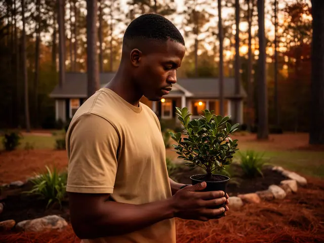 A landscaper holding a potted plant in a new front-yard bed.
